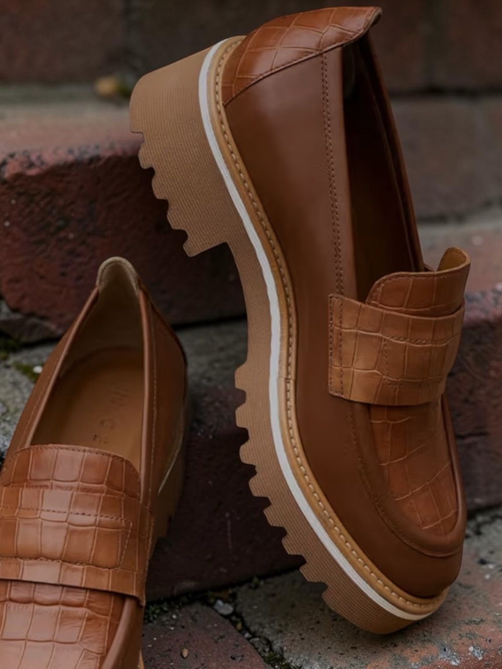 M. GEMI The Elsa Carmel Chunky Lug Sole croco print Leather Loafers | US 11,EU43